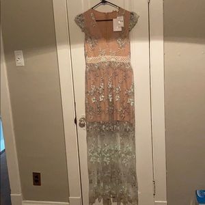 WAYF Maxi Angelic V Neck Dress, Tan/Baby Blue